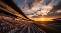 Empty grandstands under a dramatic sunset at a racing circuit Royalty Free Stock Photo