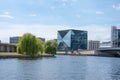 Empty grass around the Spree in summer near Hauptbahnhof Berlin Germany Coronavirus pandemic