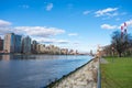 Queensbridge Park along the East River with the Roosevelt Island Skyline in New York City Royalty Free Stock Photo
