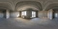 Empty gray room without furniture and repair in full spherical hdri panorama 360 degrees in interior apartments room with windows