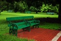 An empty green bench in a garden with full of greens. Royalty Free Stock Photo