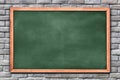 Empty green chalkboard texture hang on the brick wall. double frame from green board and brick wall background. image for backgrou Royalty Free Stock Photo