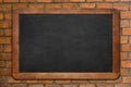 Empty green chalkboard texture hang on the brick wall. double frame from green board and brick background. Royalty Free Stock Photo