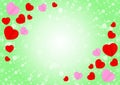 Empty green frame and red pink heart shape for template banner valentines card background, many hearts shape on green gradient Royalty Free Stock Photo