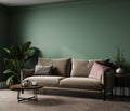 Empty green living room wall mockup with beige velvet sofa, pillow and plant on blank white interior background. Illustration, 3d