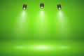 Empty green studio abstract background with spotlight effect. Product showcase backdrop. Chroma key compositing.