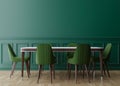 Empty green wall in modern dining room. Mock up interior in classic style. Free space, copy space for your picture, text