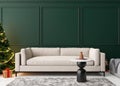 Empty green wall in modern living room with Christmas decoration. Mock up interior in classic style. Copy space for your Royalty Free Stock Photo