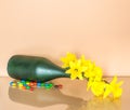 Empty Green Wine Bottle with Daffodils Inside. Royalty Free Stock Photo