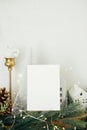 Empty greeting card on background of stylish christmas houses, fir branches with golden lights and tree decorations. Christmas Royalty Free Stock Photo