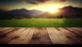 Empty grey wooden table in front of blurred sunset mountain view background. Generative AI.