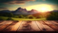 Empty grey wooden table in front of blurred sunset mountain view background. Generative AI.