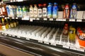 Empty grocery store shelves of bottled water before a hurricane or snow storm