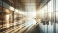 an empty hall with some furniture and glass walls in it with dreamy blur