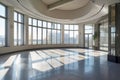 Empty hall vestibule interior with tall panoramic windows. Generative AI illustration