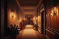 an empty hallway with warm lighting, a cozy atmosphere and comfortable furnishings