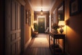 an empty hallway with warm lighting, a cozy atmosphere and comfortable furnishings