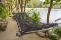 Empty hammock on beautiful tropical beach near sea water, Thailand, close up Royalty Free Stock Photo