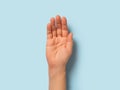 Empty hand palm of caucasian woman over pastel blue background. Open hand gesture close-up. Adult female person right hand macro.