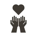 Empty hands receiving red Heart icon. Accepting love, help, kindness, donation. Vector flat glyph illustration. Symbolizes