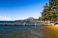 Empty harbor piers on a sunny winter day in south Lake Tahoe, Sierra Mountains, California Royalty Free Stock Photo