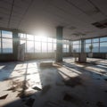 An empty high-rise building with shattered windows and collapsed walls