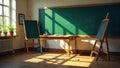 Empty high school classroom with a blackboard, art supplies, and dappled sunlight. An empty classroom Royalty Free Stock Photo