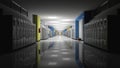 Empty high school corridor with lights turning on.