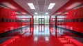 Empty high school lobby with students lockers on both sides and exit door at the background Royalty Free Stock Photo