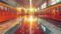 Empty high school lobby with students lockers on both sides and exit door at the background Royalty Free Stock Photo