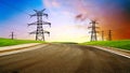 Highways and high-voltage tower Royalty Free Stock Photo