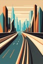 Empty highway road to city early morning landscape with skyscraper buildings vector illustration Royalty Free Stock Photo