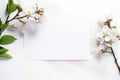 Blank of paper top view mockup with cherry blossom on white background. Template 2x3 flat card and floral sakura. Generative AI