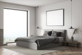 Empty horizontal canvas on white wall of panoramic bedroom. Corner view Royalty Free Stock Photo