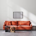 Empty horizontal frame mock in modern living room interior with red sofa and wooden coffee tables, white wall and raw concrete Royalty Free Stock Photo