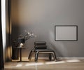 Empty horizontal frame mock up on gray wall in luxury dark interior with metal armchair and black tones decor, frame mockup in Royalty Free Stock Photo