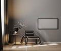 Empty horizontal frame mock up on gray wall in luxury dark interior with metal armchair and black tones decor, frame mockup in Royalty Free Stock Photo