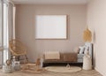 Empty horizontal picture frame on beige wall in modern child room. Mock up interior in boho style. Free, copy space for