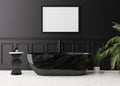 Empty horizontal picture frame on black wall in modern and luxury bathroom. Mock up interior in classic style. Free