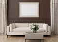 Empty horizontal picture frame on brown wall in modern living room. Mock up interior in classic style. Free, copy space Royalty Free Stock Photo