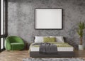 Empty horizontal picture frame on concrete wall in modern bedroom. Mock up interior in contemporary style. Free, copy Royalty Free Stock Photo