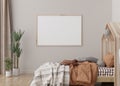 Empty horizontal picture frame on cream wall in modern child room. Mock up interior in scandinavian style. Free, copy