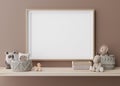 Empty horizontal picture frame hanging on brown wall in modern child room. Mock up interior in contemporary style. Free