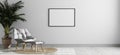 Empty horizontal picture frame mockup in bright modern room interior with gray armchair and palm tree, empty room interior