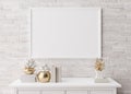 Empty horizontal picture frame on white brick wall in modern living room. Mock up interior in minimalist, scandinavian Royalty Free Stock Photo