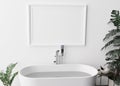 Empty horizontal picture frame on white wall in modern and luxury bathroom. Mock up interior in contemporary style. Free