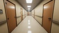 Empty hospital corridor with closed wooden doors and overhead lighting Royalty Free Stock Photo