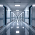 Empty hospital hallway photographed in serene, quiet atmosphere