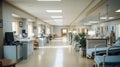 Empty hospital hallway with reception clinic in light blue and white tones, exuding tranquility Royalty Free Stock Photo