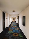 Empty hotel corridor with colorful patterned carpet and warm lighting. Clean and minimalist